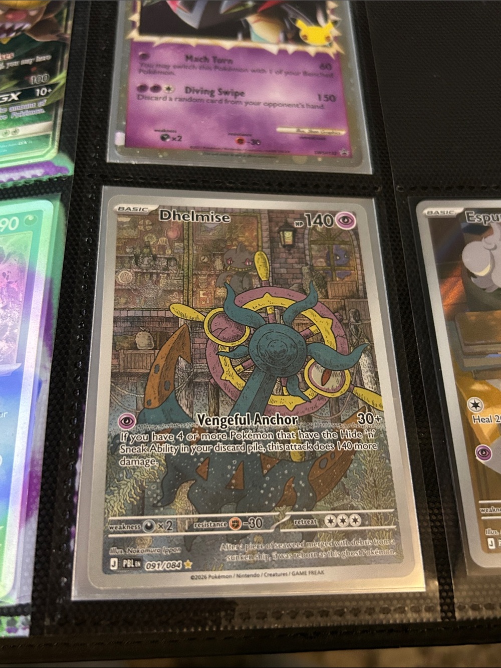 Pokemon Dhelmise Holographic Card — Green, Purple, Yellow, Brown, Blue